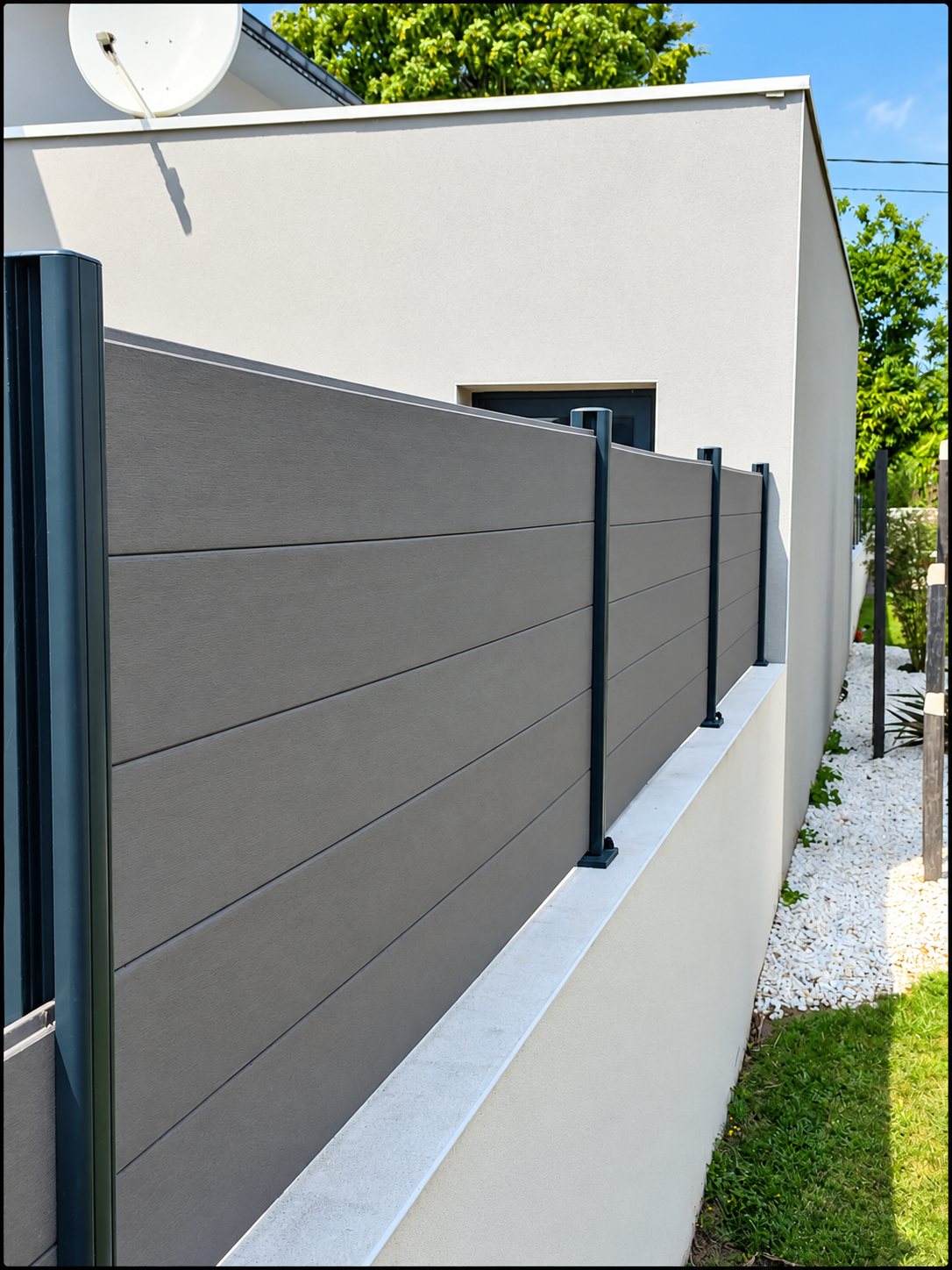 Clôture en lames composites grises avec poteaux en aluminium anthracite, posée sur un muret enduit devant une maison moderne et un massif de galets blancs.