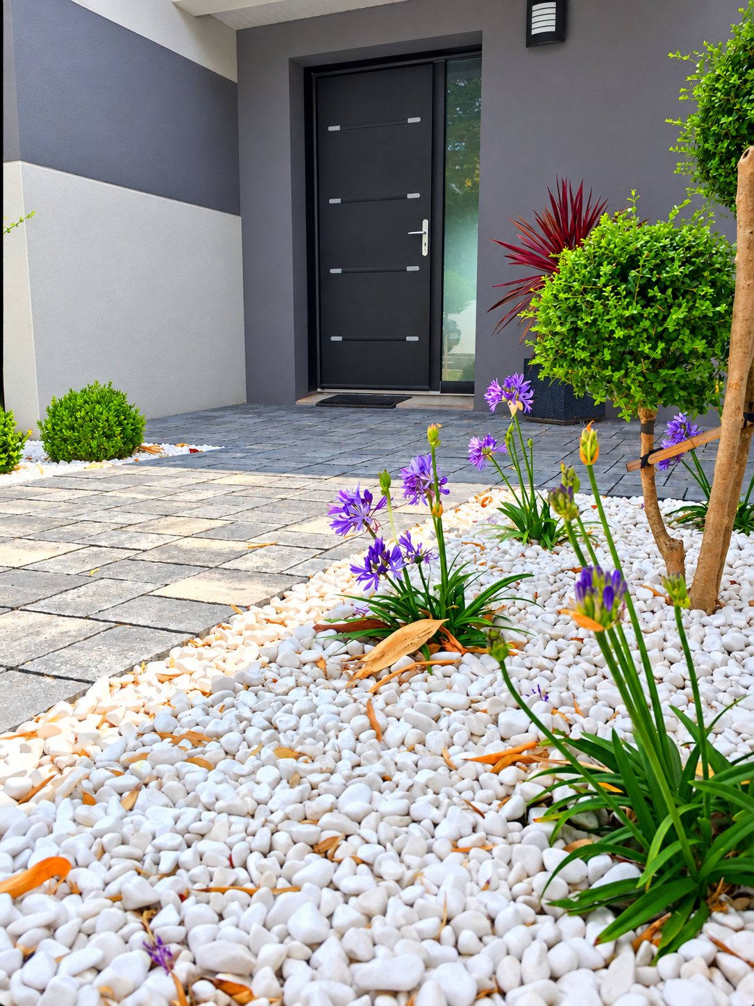 Allée pavée menant à une porte d'entrée gris foncé, bordée d'un massif de galets blancs avec agapanthes violettes, buis taillés et arbuste en boule.