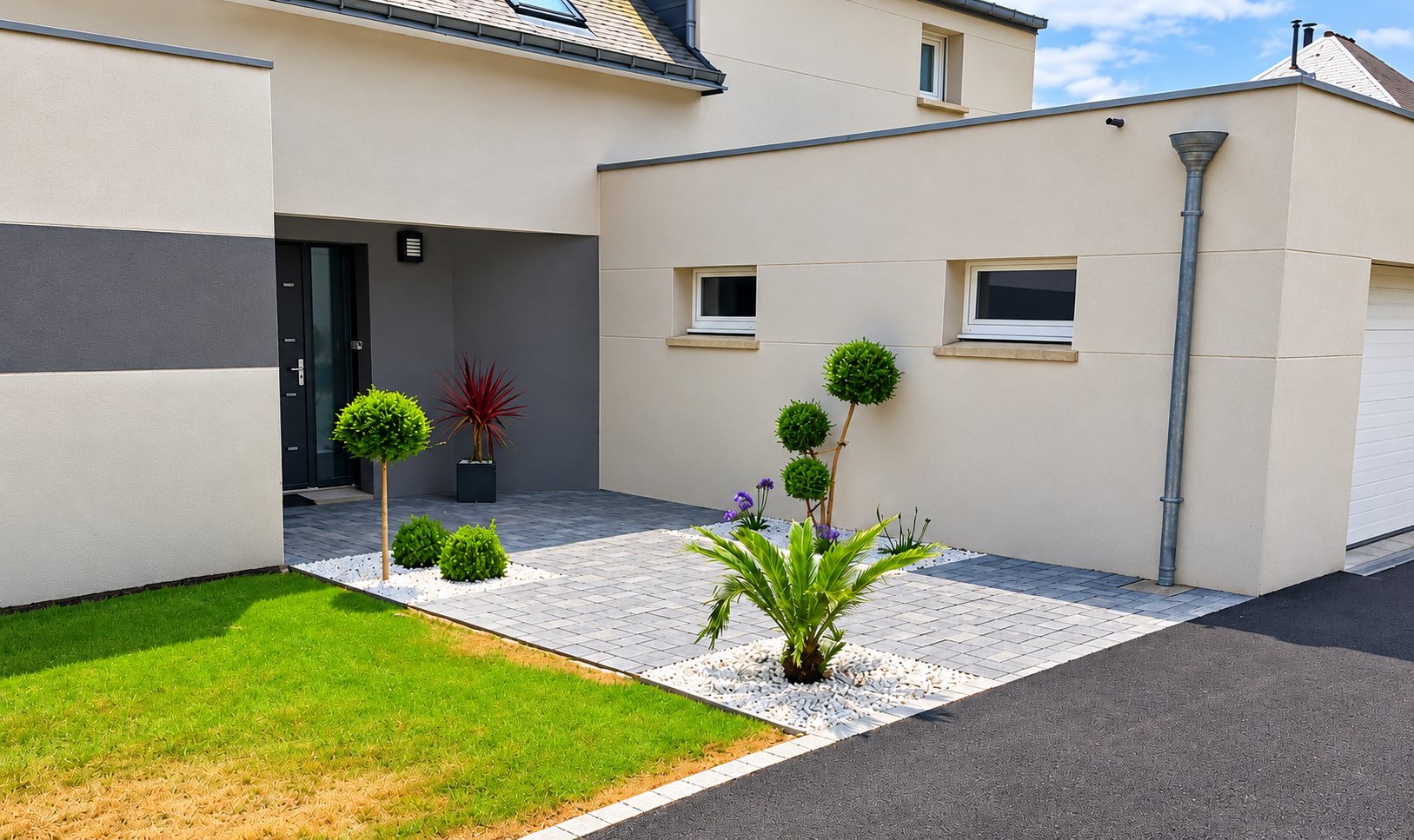 Devant d'une maison contemporaine, un aménagement paysager associe pelouse, allée en pavés gris, galets blancs, petits arbustes taillés en boule et palmier, avec un enrobé neuf au premier plan.