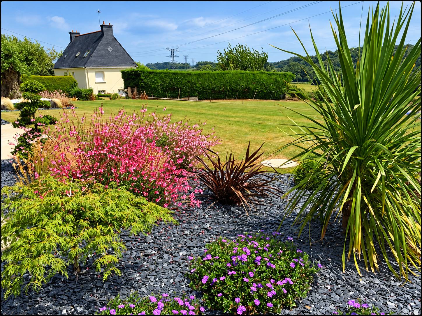 Un jardin paysager aux plantes variées, gaura rose, cordyline et géraniums violets, planté sur un paillage d'ardoise devant une maison au toit d'ardoise et une grande pelouse.