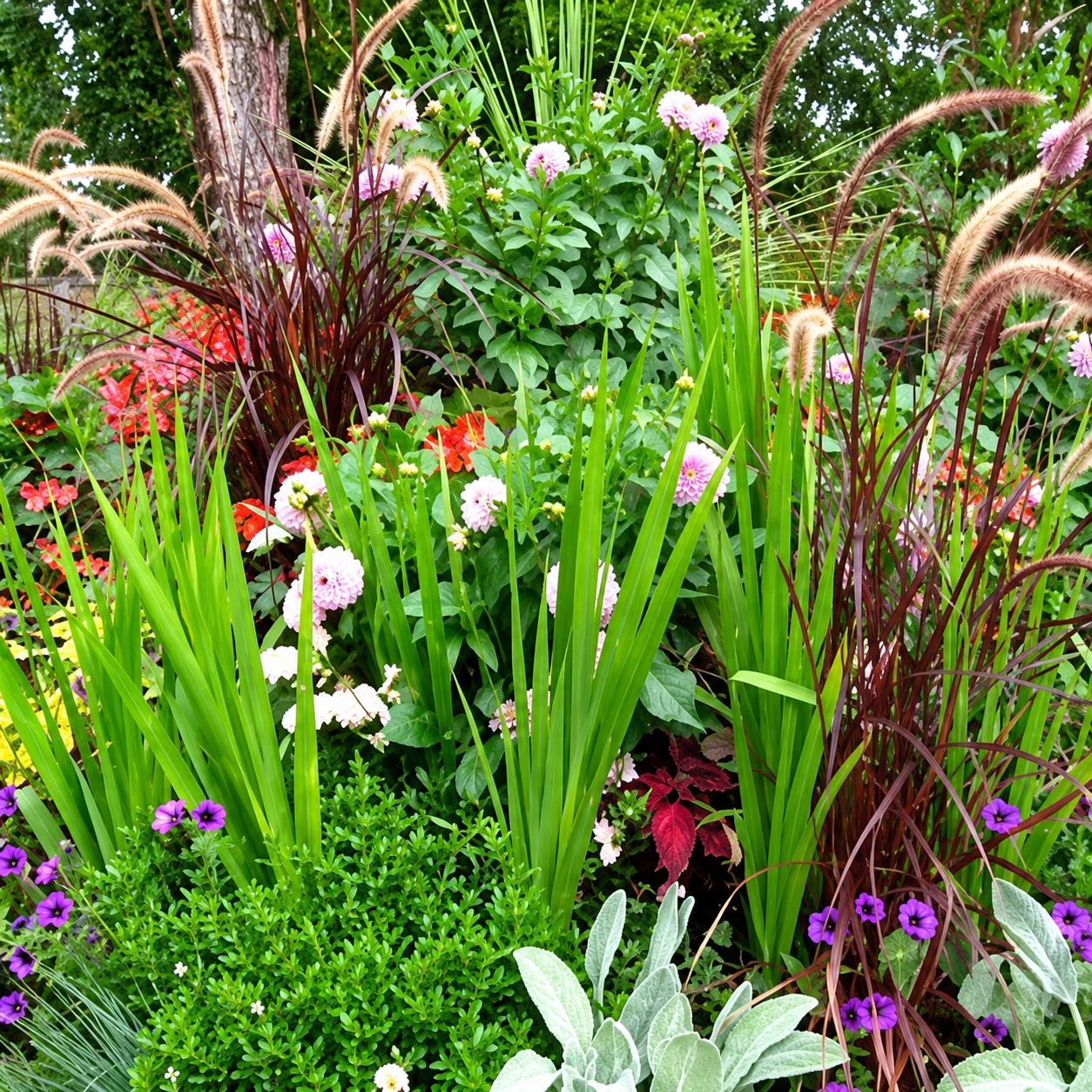 Un massif de jardin dense mêlant graminées pourpres, feuilles d'iris, fleurs roses, rouges et violettes.