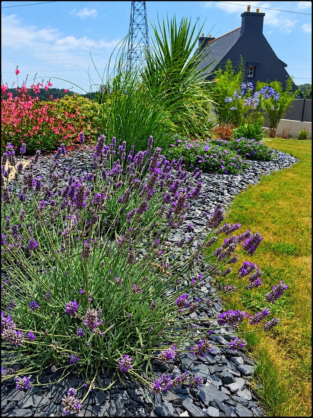Un massif de jardin aux lavandes violettes et aux fleurs roses, paillé d'ardoise, borde une pelouse devant une maison en pierre sombre.
