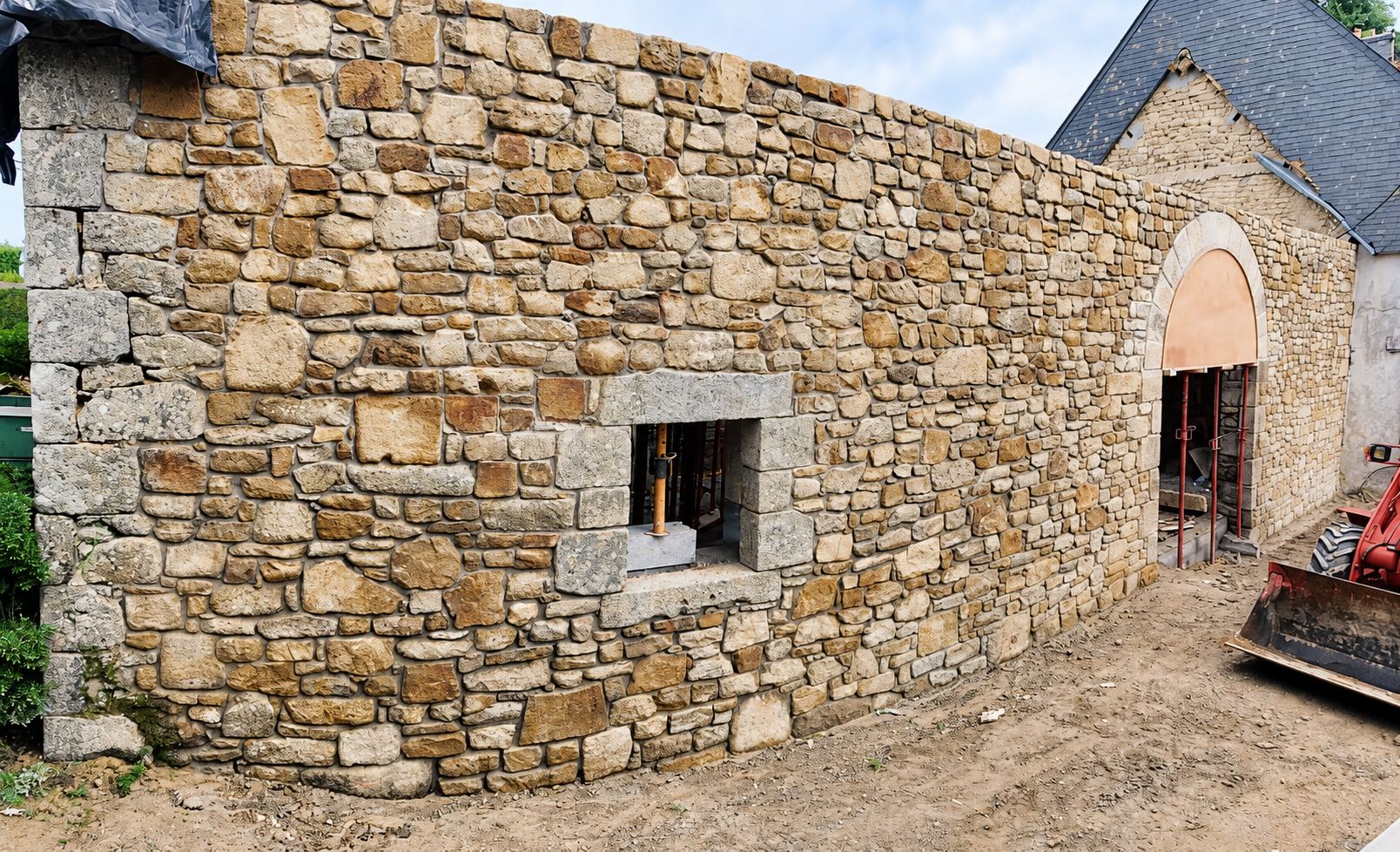 Long mur en pierres apparentes avec une petite fenêtre à encadrement de granit, devant un bâtiment à toit d'ardoise.
