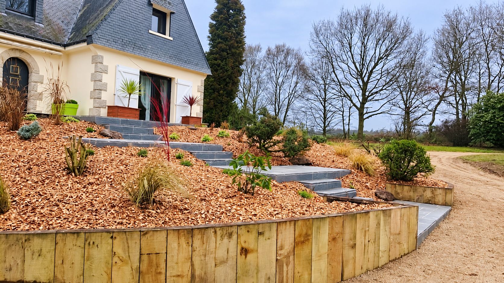 Soutènement en traverses de bois retenant un massif paillé de copeaux avec des plantations, un escalier en pierre et une maison.