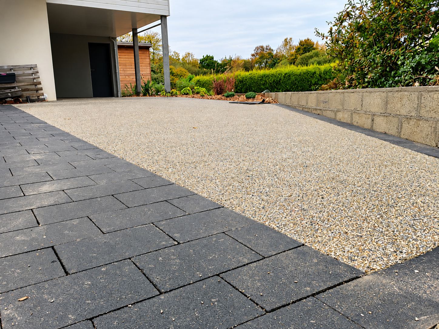 Terrasse mêlant dalles d'ardoise sombre et béton désactivé clair, avec un carport et un jardin au fond.